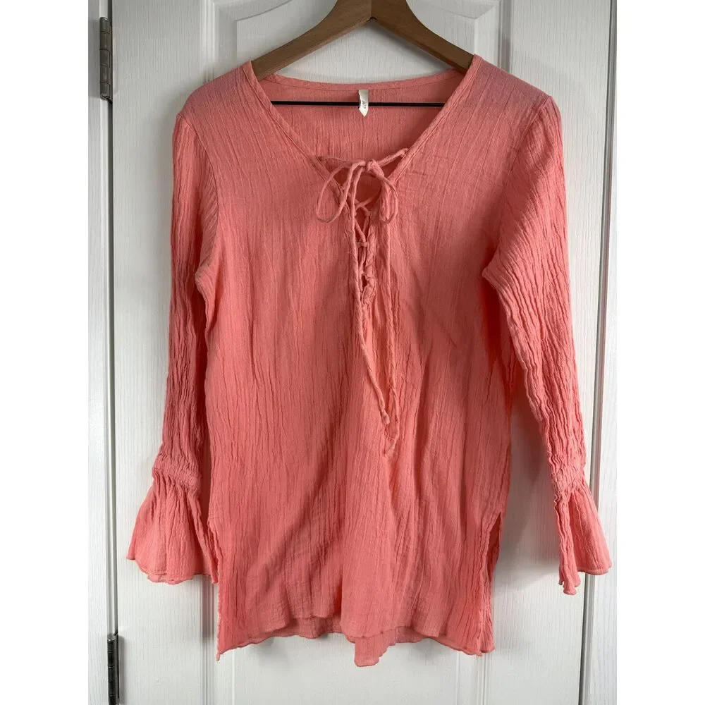 Elan Women's Long Sleeve Tunic Swim Cover Up Pink Cotton Size M Medium